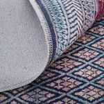 Back of a different rug with geometric pattern in navy and peach tones, contrasting Marquette rug
