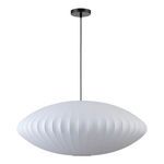 Lys pendant light with cocoon-like, ribbed oval shape in white with black suspension cord and mount