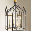 Gothic shaped pendant lantern with black frame and gilt finish, featuring four candle-style lights