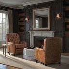 Two Nolte Recliner chairs styled in a dark paneled room with fireplace and natural light from large windows