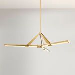 Side angle of chandelier emphasizing the ratcheted arm adjustability of the light bars