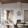 Chandelier hanging in a sunlit living room featuring wood ceiling beams and a white fireplace