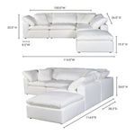 Straight-on views with overlaid dimensions showing width, depth, and height of the full sectional