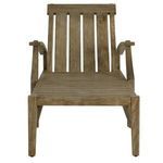 Back view of empty teak chaise lounger frame with slatted backrest and armrests