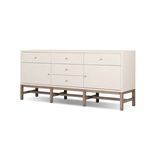 Angled view of Fiona Sideboard showing front and right side with open airy mahogany base
