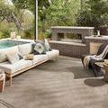 Rug styled in outdoor patio seating area with sofa, cushions, fire feature, and greenery