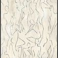 Abstract painting with fluid black lines forming minimalist human figures in continuous movement on a light beige background