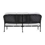 Rear view of outdoor aluminum sofa showing black lattice patterned backrest