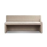 Senna outdoor dining banquette in vintage white rattan with soft fabric cushion and curved frame