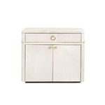 Front view of Andre cabinet showing hair-on-hide texture and gold ring drawer handle