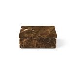 Front-facing closed marble box emphasizing flat rectangular shape and natural veining pattern