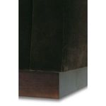 Close-up of wooden swivel base underside with visible wood grain and dark finish