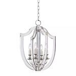 Arietta 4 Light Pendant with laser-cut acrylic crest shape, fluted crystal center column, and four metal candle-style lights