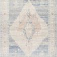 Luca Denim/Ivory machine woven rug with a central medallion, geometric pattern in soft blue, ivory, and beige tones