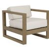 Coastal Teak Club Chair with solid teak frame in warm grey finish and off-white cushions for outdoor use