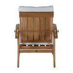 Back of chair featuring vertical teak slats and brass support bar