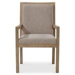 Front view of Prado arm chair with darker wood frame and taupe raised upholstered panels