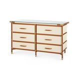 Toulon 6-drawer dresser with tan leather frames, cream canvas drawers, brushed brass hardware, and glass top