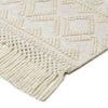 Close-up of rug corner showing woven geometric texture and thick fringed tassels in ivory and beige