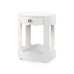 Scarlett 1-Drawer End Table in white lacquered oak with round top, scalloped edges, and round metal drawer pull