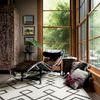 Adler Ivory Rug styled in a sunlit room with lounge chair, window, and decorative pillows