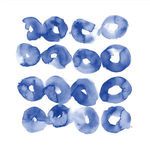 Abstract painting with rows of circular blue watercolor shapes in various shades on white background