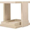 Westwood End Table viewed from right side showing quartered oak veneer texture and tray positioned inside