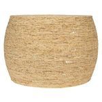 Back view of the handwoven corn rope accent table emphasizing rounded shape and consistent weaving