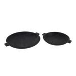 Sandblasted black bowls viewed flat side by side with handles extending outward