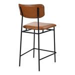 Rear angled view displaying back of the leather-padded backrest and iron frame structure