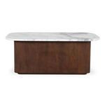 Dash coffee table with dark wooden base and rounded white marble top featuring grey veining