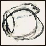 Black and white abstract painting with bold circular brushstrokes on white background in a thin dark frame