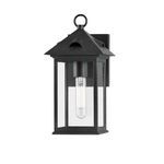 Outdoor wall sconce in forged iron with clear glass panels and single tubular bulb inside a classic lantern design.