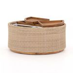Opened top with two wooden trays resting on the edge and visible storage inside
