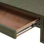 Interior view of Morris Desk partially open center drawer with wooden interior and metal slides