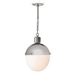 Otis Pendant lit, showing warm glow through milk glass with polished nickel detailing