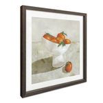 Angled side view of Citrine framed painting showing dark textured wood frame and white matte border