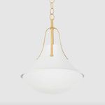 Side profile of Coventry Pendant showing smooth white plaster finish shade and curved gold metal support arms