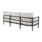 Rear angle highlighting horizontal slats on the aluminum frame with cushion backs