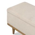 Close-up corner view of trunk showing fabric seat cushion and wood leg
