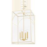 Addison 4 Light Large Pendant with brushed nickel finish and four exposed bulbs inside clear glass rectangular frame