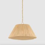 Mystic Pendant with natural dyed jute fibers, vertical string sides, and decorative crochet bottom, hanging from gold chain