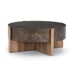 Angled front view showing iron top over rugged oak wooden base