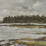Close-up detail of marshland and tree line textures in muted gray, green, and ochre tones