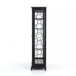 Side view of cabinet showing slim black metal frame and four glass shelves inside with honeycomb pattern.