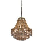 Valencia Beaded Chandelier with dark wood beads and rattan details on a metal frame hanging from chain