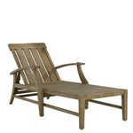Croquet teak chaise without wheels, shown from front right angle with natural teak wooden finish