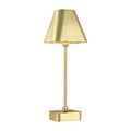 Glossy brass lamp with trapezoidal shade and soft lighting against a white background