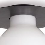 Close-up of the junction between the black circular base and white glass shade of the Mixer Flush Mount