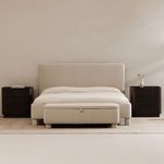 Bedroom scene including Ichigo bed with beige bench at foot and dark wood nightstands
